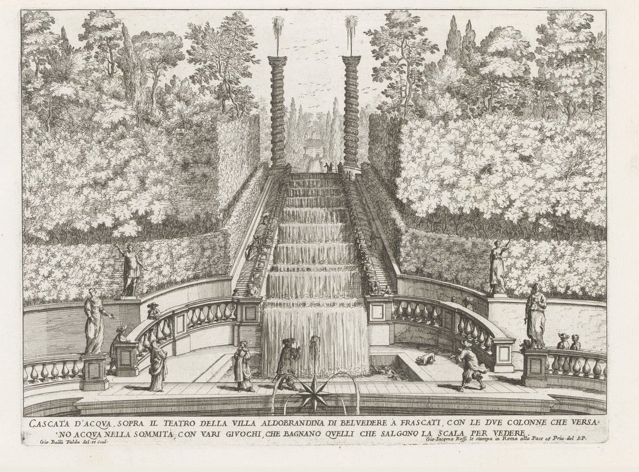 Cascade in de tuinen van de Villa Aldobrandini te Frascati Vesiputous Villa Aldobrandina di Belvederen teatterin yläpuolella Frascatissa (...) (otsikko esineessä) Frascatin huviloiden suihkulähteet (sarjan nimi) Fonteinen van Frascati (sarjan nimi) tekijältä Giovanni Battista Falda
