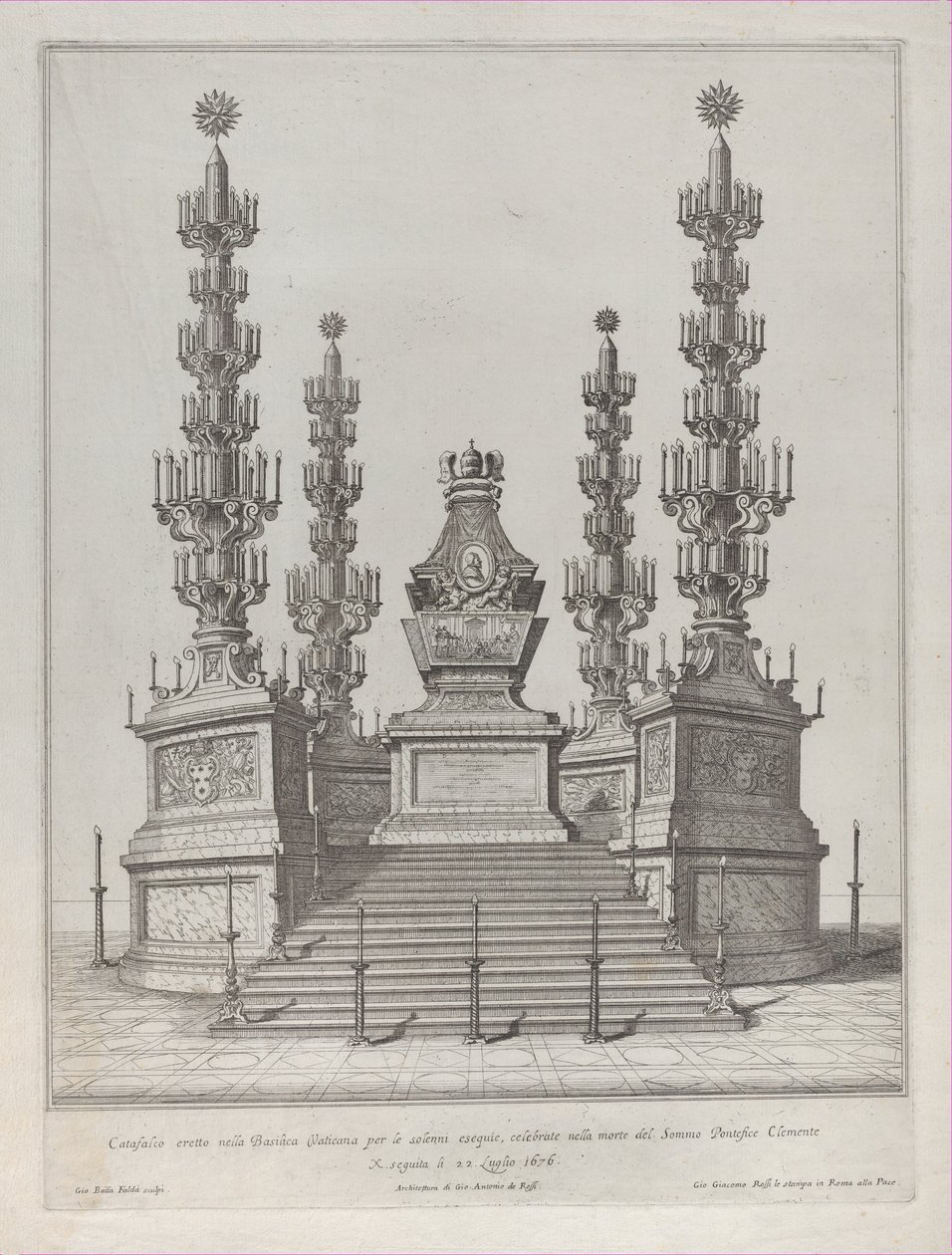 Katafalkki paavi Klemens X:lle: 15-portaiselle tasangolle kohotettu keskusrakennelma, 1676. tekijältä Giovanni Battista Falda