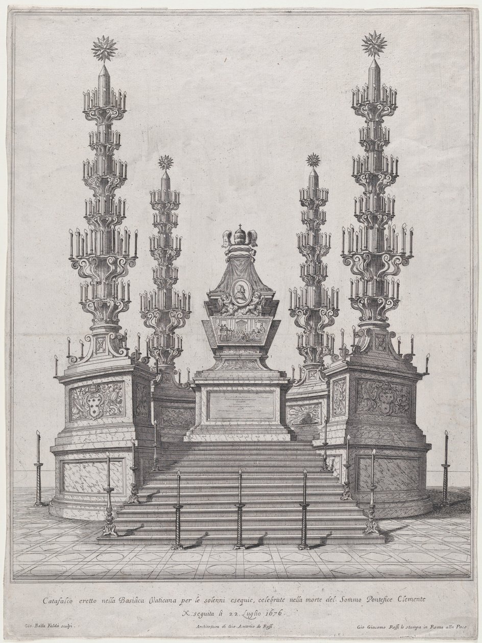Katafalkki paavi Clement X:lle, keskirakenne viidentoista porrastason yläosassa, 1676. tekijältä Giovanni Battista Falda