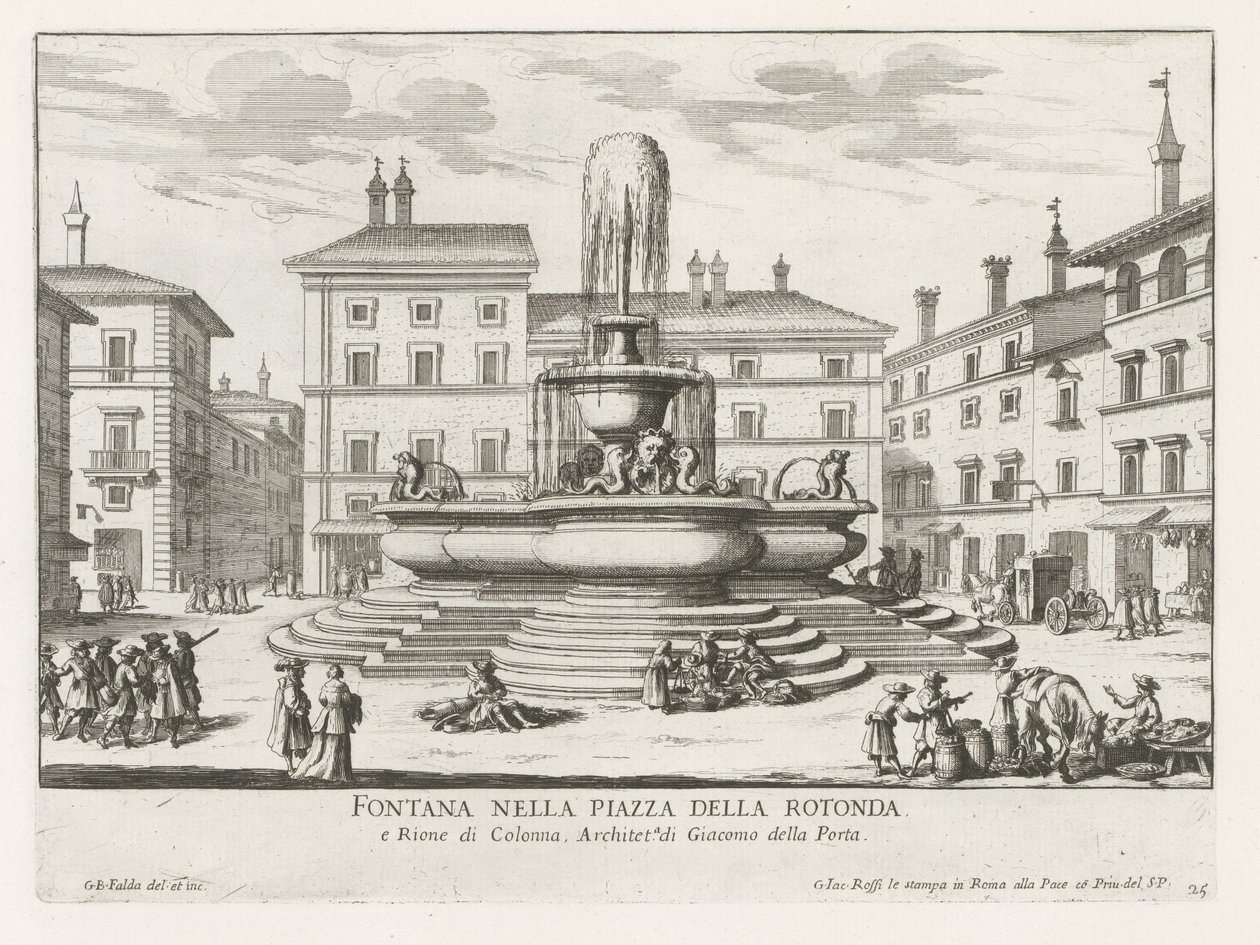 Pantheonin suihkulähde Piazza della Rotonda te Rome -aukiolla Suihkulähde Piazza della Rotondalla (otsikko esineessä) Fountains of Rome (sarjan nimi) Fonteinen van Rome (sarjan nimi) tekijältä Giovanni Battista Falda