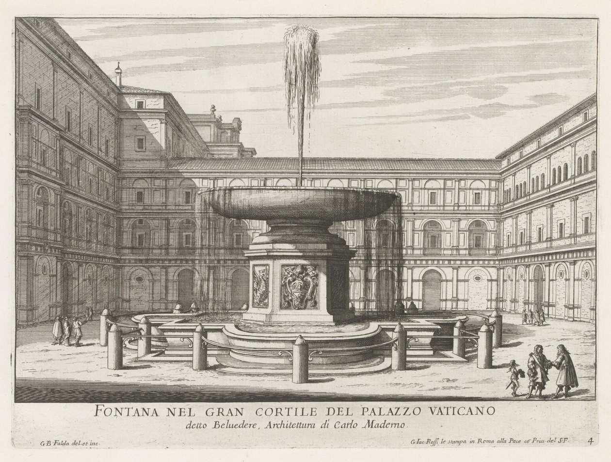 Fontein in de Cortile del Belvedere Vatikaanissa Suihkulähde Vatikaanin palatsin suurella pihalla (otsikko esineessä) Fountains of Rome (sarjan nimi) Fonteinen van Rome (sarjan nimi) tekijältä Giovanni Battista Falda