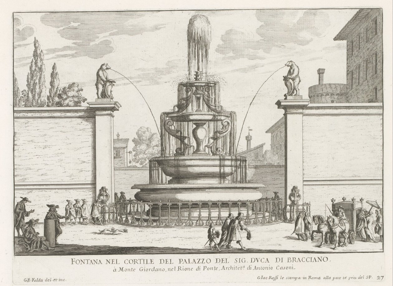 Fontein in de binnenplaats van Palazzo Taverna te Rome Suihkulähde Mr. Braccianon herttua (otsikko esineessä) Fountains of Rome (sarjan nimi) Fonteinen van Rome (sarjan nimi) tekijältä Giovanni Battista Falda