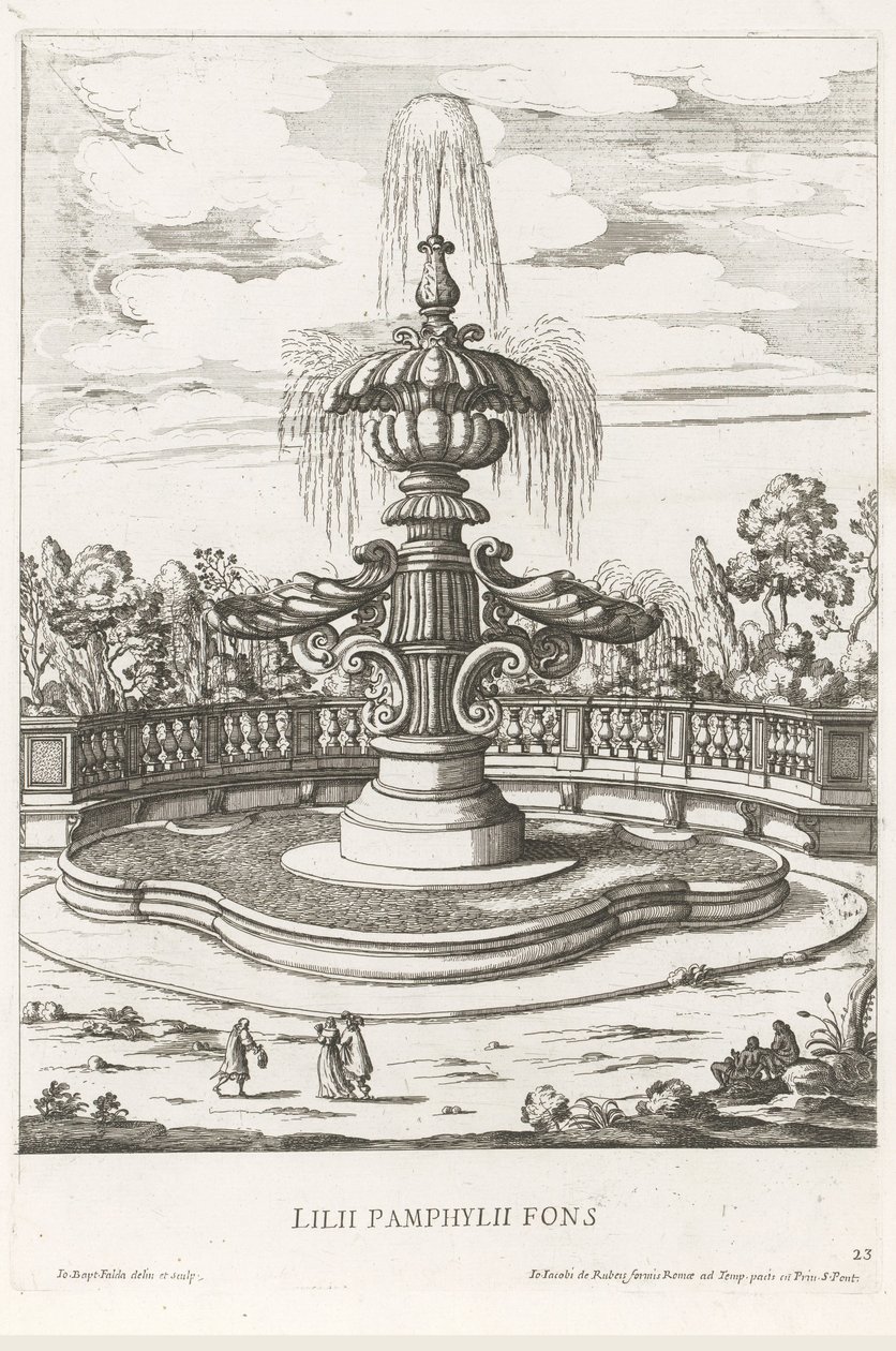 Suihkulähde Villa Doria Pamphiljin puutarhassa Roomassa Lilii Pamphylii fons (otsikko esineessä) Le fontane ne palazzi e ne giardini di Roma (sarjan nimi) Suihkulähteet Rooman palatseissa ja puutarhoissa (sarjan nimi) tekijältä Giovanni Battista Falda