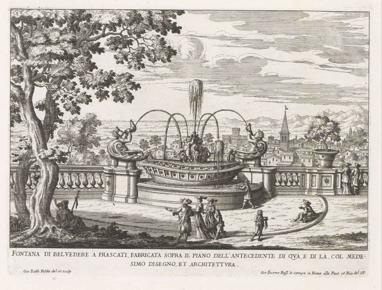 Fontein in de tuinen van de Villa Aldobrandini te Frascati Belvederen suihkulähde Frascatissa, rakennettu tämän puolen edeltäjän lattian yläpuolelle (...) (otsikko esineessä) Frascatin huviloiden suihkulähteet (sarjan nimi) Fonteinen van Frascati (sarjan n tekijältä Giovanni Battista Falda