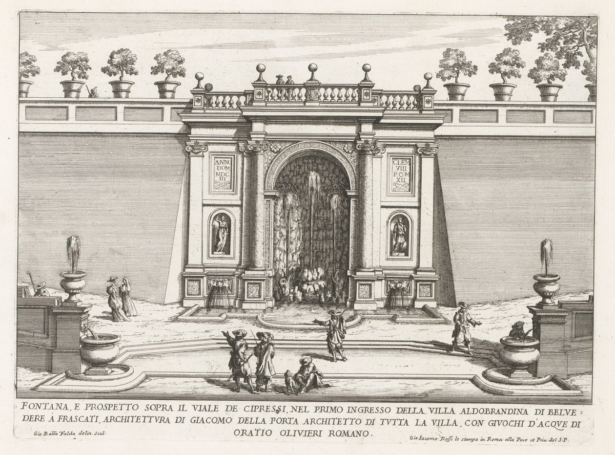 Fontein in de tuinen van de Villa Aldobrandini te Frascati Suihkulähde ja korkeus sypressikadun yläpuolella (...) (otsikko esineessä) Frascati-huviloiden suihkulähteet (sarjan nimi) Fonteinen van Frascati (sarjan nimi) tekijältä Giovanni Battista Falda