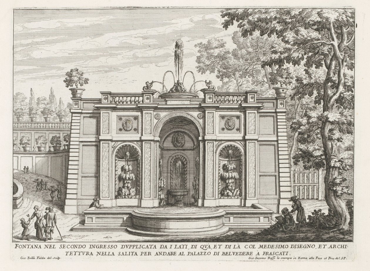 Fontein in de tuinen van de Villa Aldobrandini te Frascati Suihkulähde toisessa sisäänkäynnissä kaksinkertaistunut sivuilta (...) (otsikko esineessä) Frascatin huviloiden suihkulähteet (sarjan nimi) Fonteinen van Frascati (sarjan nimi) tekijältä Giovanni Battista Falda