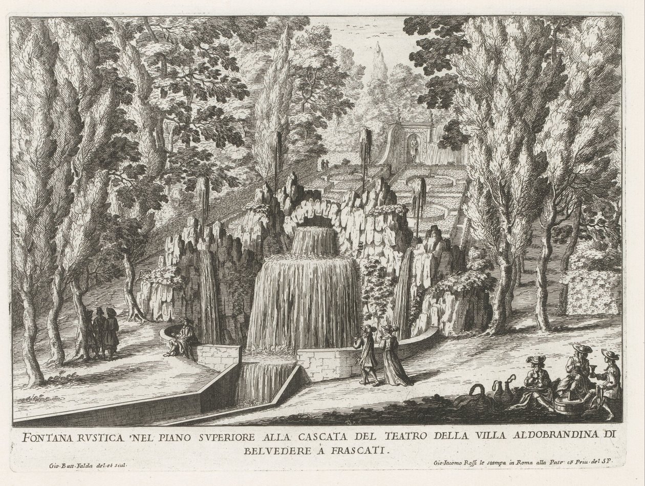 Fontein in de tuinen van de Villa Aldobrandini te Frascati Maalaismainen suihkulähde teatterin vesiputouksen yläkerrassa (...) (otsikko esineessä) Frascatin huviloiden suihkulähteet (sarjan nimi) Fonteinen van Frascati (sarjan nimi) tekijältä Giovanni Battista Falda