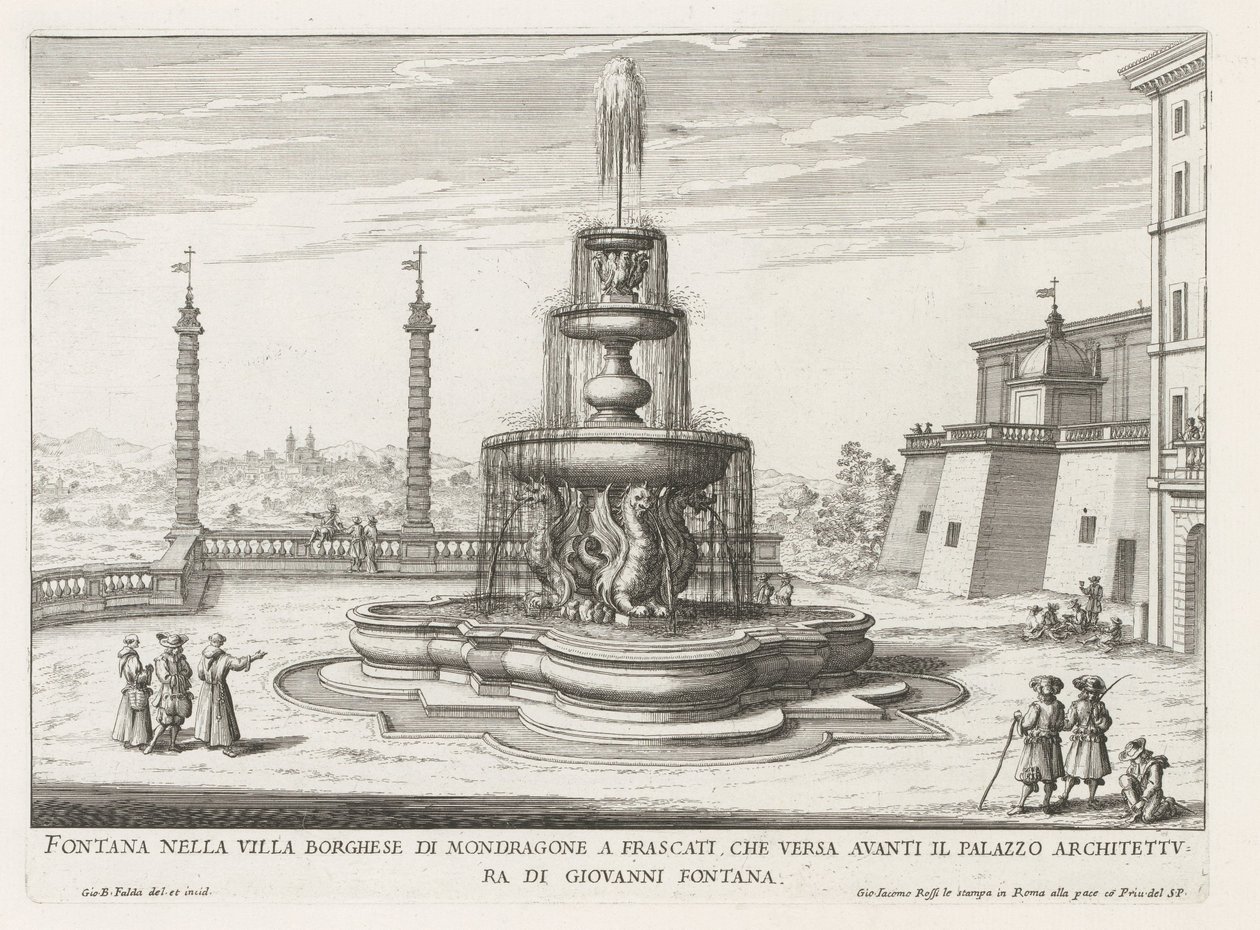 Fontein in de tuinen van de Villa Mondragone te Frascati Suihkulähde Villa Borghese di Mondragonessa Frascatissa (...) (otsikko esineessä) Frascati-huviloiden suihkulähteet (sarjan nimi) Fonteinen van Frascati (sarjan nimi) tekijältä Giovanni Battista Falda