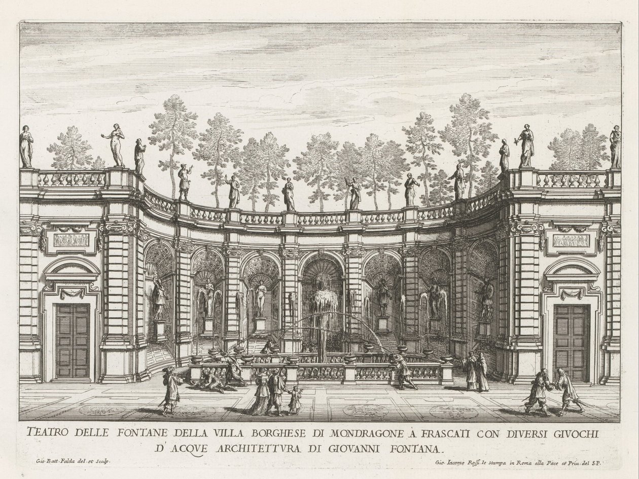 Fontein in de tuinen van de Villa Mondragone te Frascati Mondragonen Villa Borghesen suihkulähteiden teatteri Frascatissa (...) (otsikko esineessä) Frascati-huviloiden suihkulähteet (sarjan nimi) Fonteinen van Frascati (sarjan nimi) tekijältä Giovanni Battista Falda