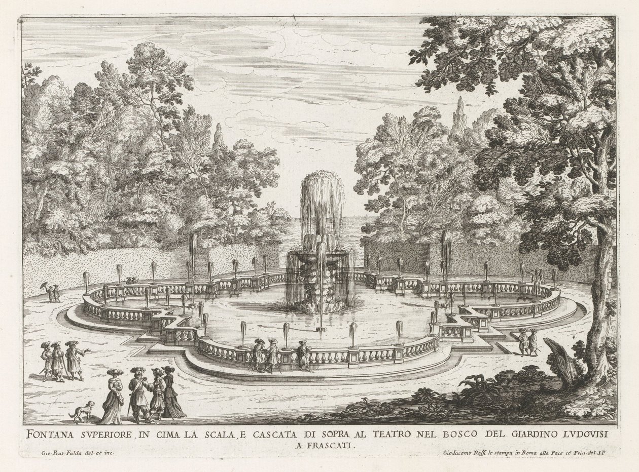 Fontein in de tuinen van de Villa Torlonia te Frascati Ylempi suihkulähde portaiden yläosassa ja vesiputous teatterin yläpuolella (...) (otsikko esineessä) Frascati-huviloiden suihkulähteet (sarjan nimi) Fonteinen van Frascati (sarjan nimi) tekijältä Giovanni Battista Falda