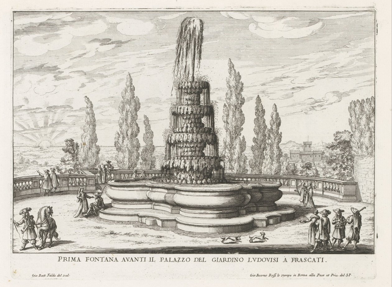 Fontein in de tuinen van de Villa Torlonia te Frascati Ensimmäinen suihkulähde Palazzo del Giardino Ludovisin edessä Frascatissa (otsikko esineessä) Frascati-huviloiden suihkulähteet (sarjan nimi) Fonteinen van Frascati (sarjan nimi) tekijältä Giovanni Battista Falda
