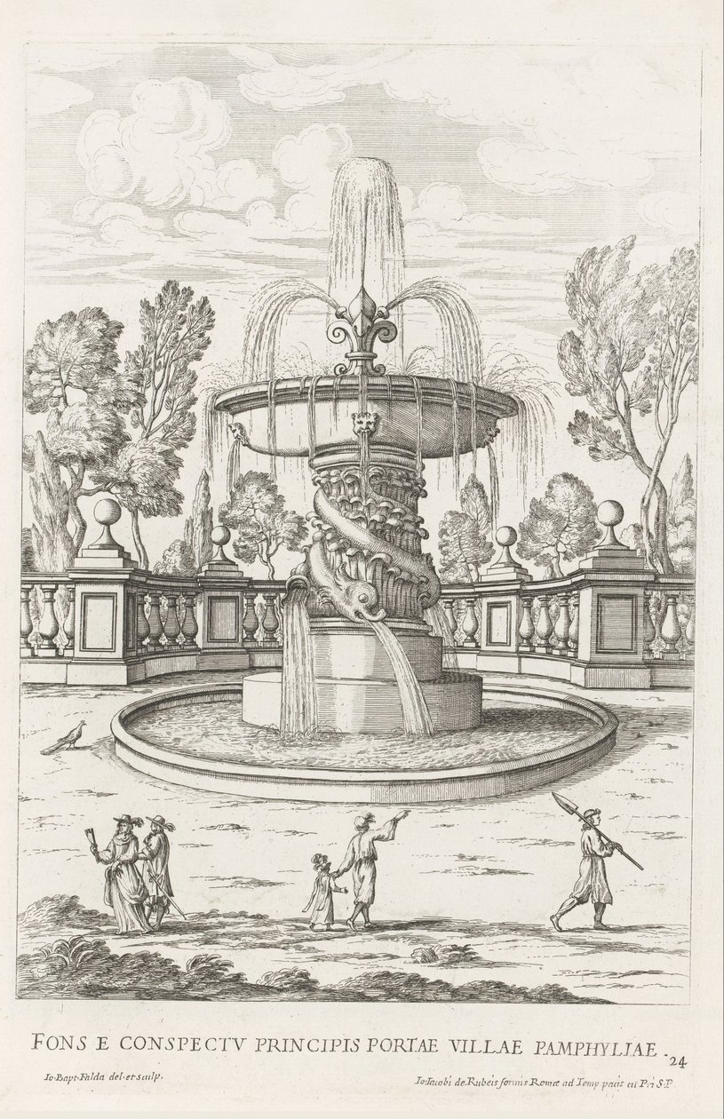 Fontein tapasi dolfijnen Villa Doria Pamphilj te Roomassa Suihkulähde Pamfylian kaupungin prinssin portin edessä (otsikko esineessä) Le fontane ne palazzi e ne giardini di Roma (sarjan nimi) Fonteinen in de paleizen en tuinen van Rome (sarjan nimi tekijältä Giovanni Battista Falda