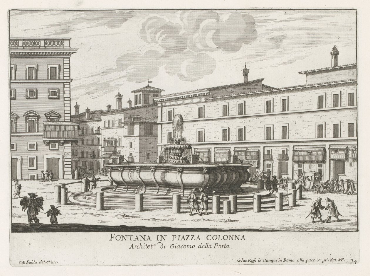 Fontein op Piazza Colonna te Roomassa Suihkulähde Piazza Colonnalla (otsikko esineessä) Fountains of Rome (sarjan nimi) Fonteinen van Rome (sarjan nimi) tekijältä Giovanni Battista Falda
