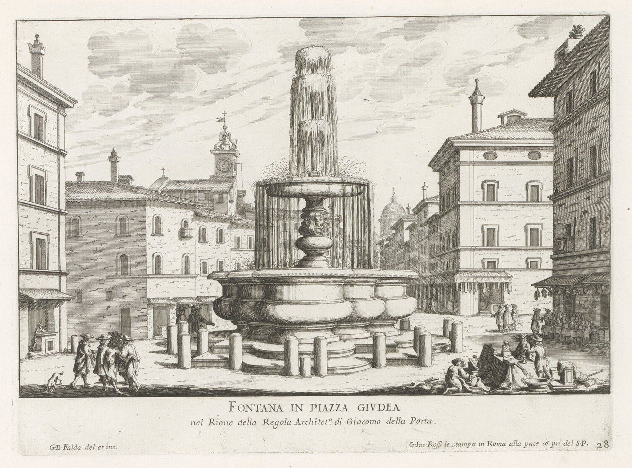 Fontein op Piazza Giudia te Rome Suihkulähde Piazza Giudealla (otsikko esineessä) Fountains of Rome (sarjan nimi) Fonteinen van Rome (sarjan nimi) tekijältä Giovanni Battista Falda