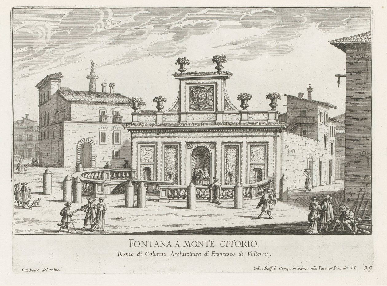 Fontein op Piazza Montecitorio te Rome Fontana a Monte Citorio (otsikko esineessä) Fontane di Roma (sarjan nimi) Fonteinen van Rome (sarjan nimi) tekijältä Giovanni Battista Falda