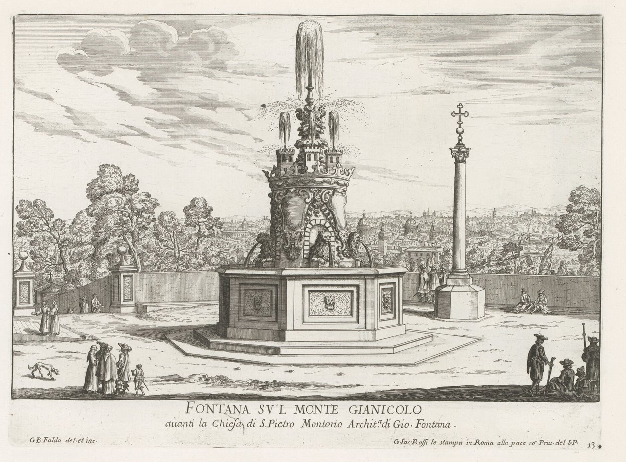 Fontein op Piazza San Pietro in Montorio op de Janiculumberg te Rome Suihkulähde Gianicolo-vuorella (otsikko esineessä) Fountains of Rome (sarjan nimi) Fonteinen van Rome (sarjan nimi) tekijältä Giovanni Battista Falda