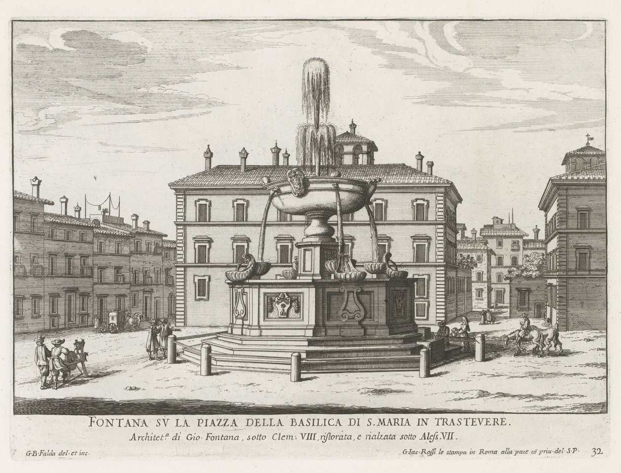 Fontein op Piazza Santa Maria Trasteveressa Suihkulähde S. Marian basilikan aukiolla Trasteveressa (otsikko esineessä) Fountains of Rome (sarjan nimi) Fonteinen van Rome (sarjan nimi) tekijältä Giovanni Battista Falda