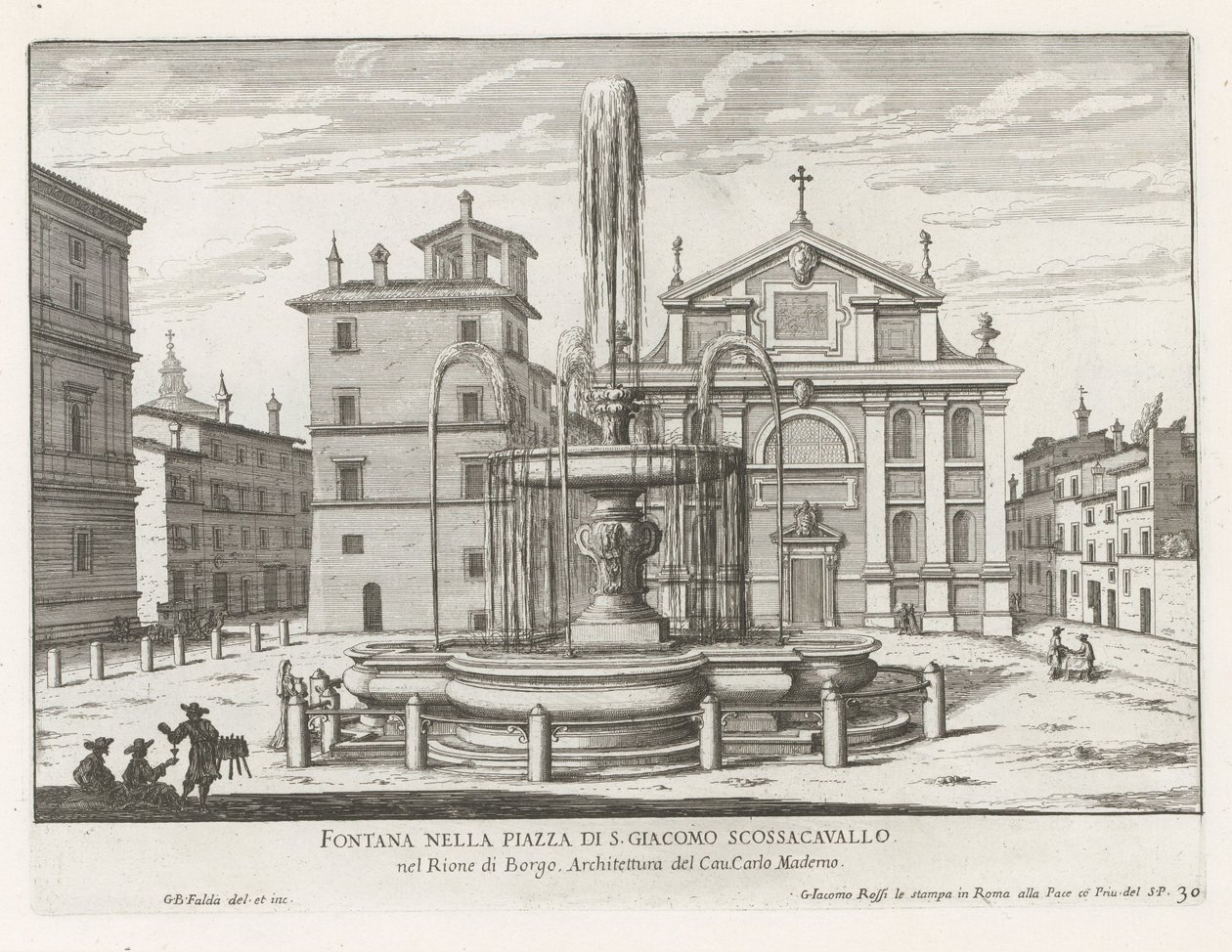 Fontein op Piazza Scossacavalli Roomassa Suihkulähde Piazza di S. Giacomo Scossacavallossa (otsikko esineessä) Fountains of Rome (sarjan nimi) Fonteinen van Rome (sarjan nimi) tekijältä Giovanni Battista Falda