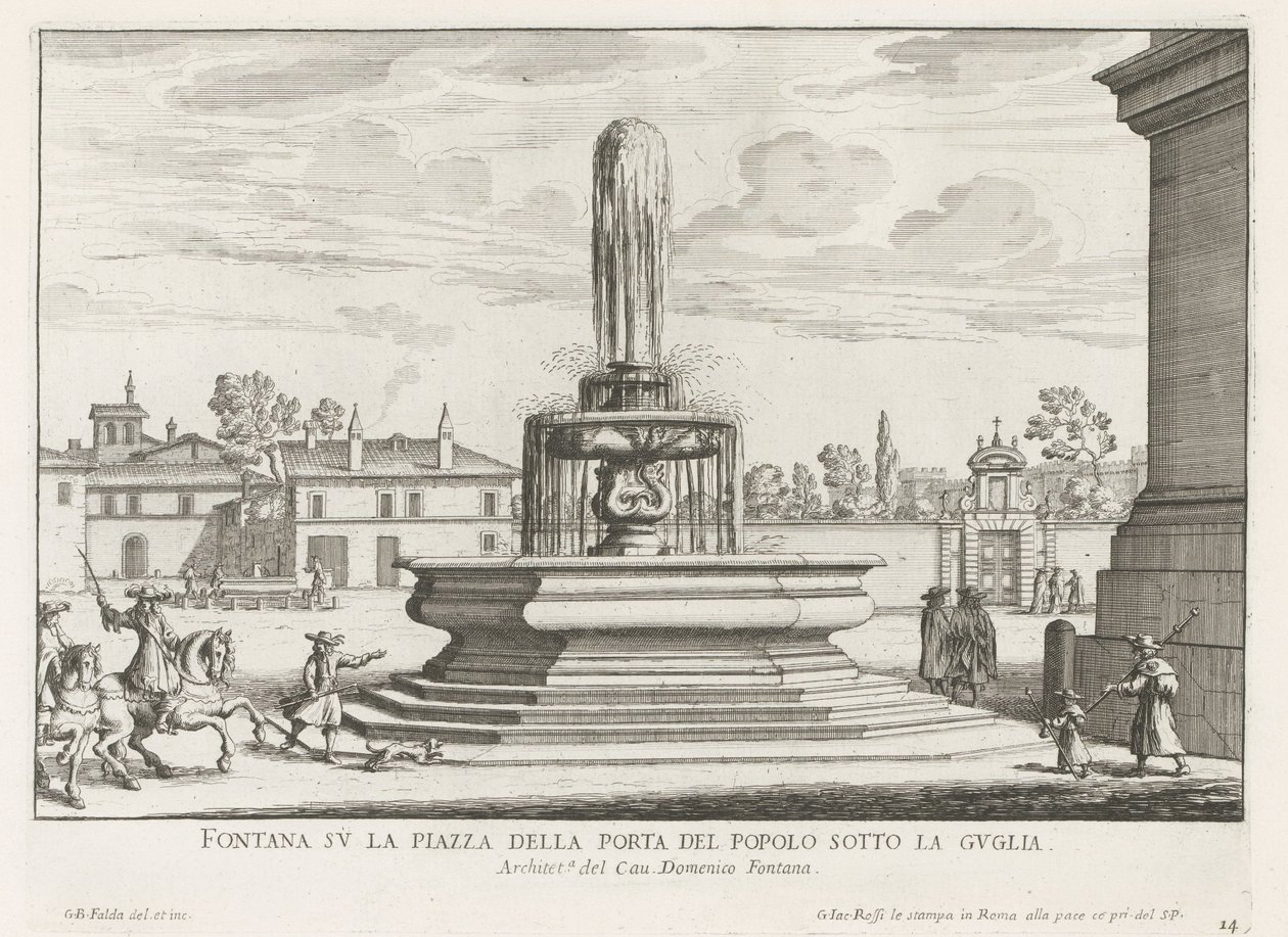 Fontein Piazza del Popolossa Roomassa Suihkulähde Piazza della Porta del Popololla tornin alla (otsikko esineessä) Fountains of Rome (sarjan nimi) Fonteinen van Rome (sarjan nimi) tekijältä Giovanni Battista Falda