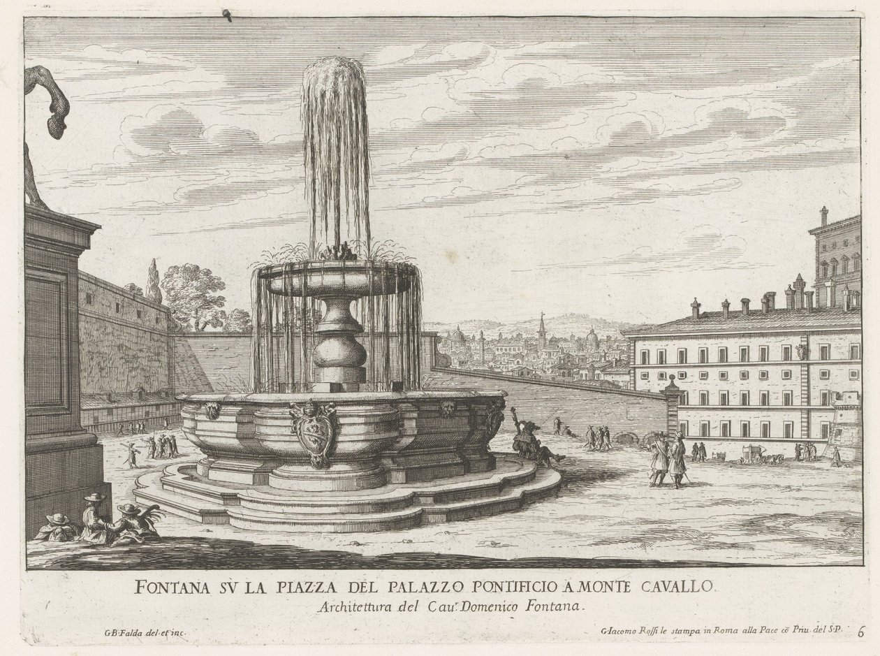 Fontein op Piazza del Quirinale te Rome Suihkulähde paavinpalatsin aukiolla Monte Cavallossa (otsikko esineessä) Fountains of Rome (sarjan nimi) Fonteinen van Rome (sarjan nimi) tekijältä Giovanni Battista Falda