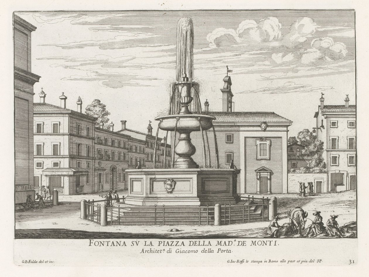 Fontein Piazza della Madonna dei Monti te Roomassa Suihkulähde Piazza della Mad.a de Montilla (otsikko esineessä) Fountains of Rome (sarjan nimi) Fonteinen van Rome (sarjan nimi) tekijältä Giovanni Battista Falda