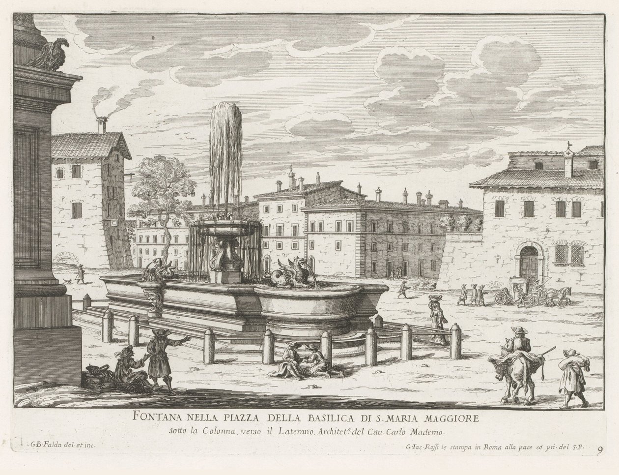 Fontein op Piazza di Santa Maria Maggiore te Roomassa Suihkulähde S. Maria Maggioren basilikan aukiolla (otsikko esineessä) Fountains of Rome (sarjan nimi) Fonteinen van Rome (sarjan nimi) tekijältä Giovanni Battista Falda