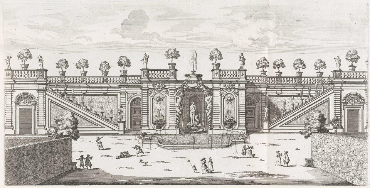 Venuksen suihkulähde Villa Doria Pamphiljin puutarhassa Roomassa Fons Veneris (otsikko esineessä) Le fontane ne palazzi e ne giardini di Roma (sarjan nimi) Suihkulähteet Rooman palatseissa ja puutarhoissa (sarjan nimi) tekijältä Giovanni Battista Falda