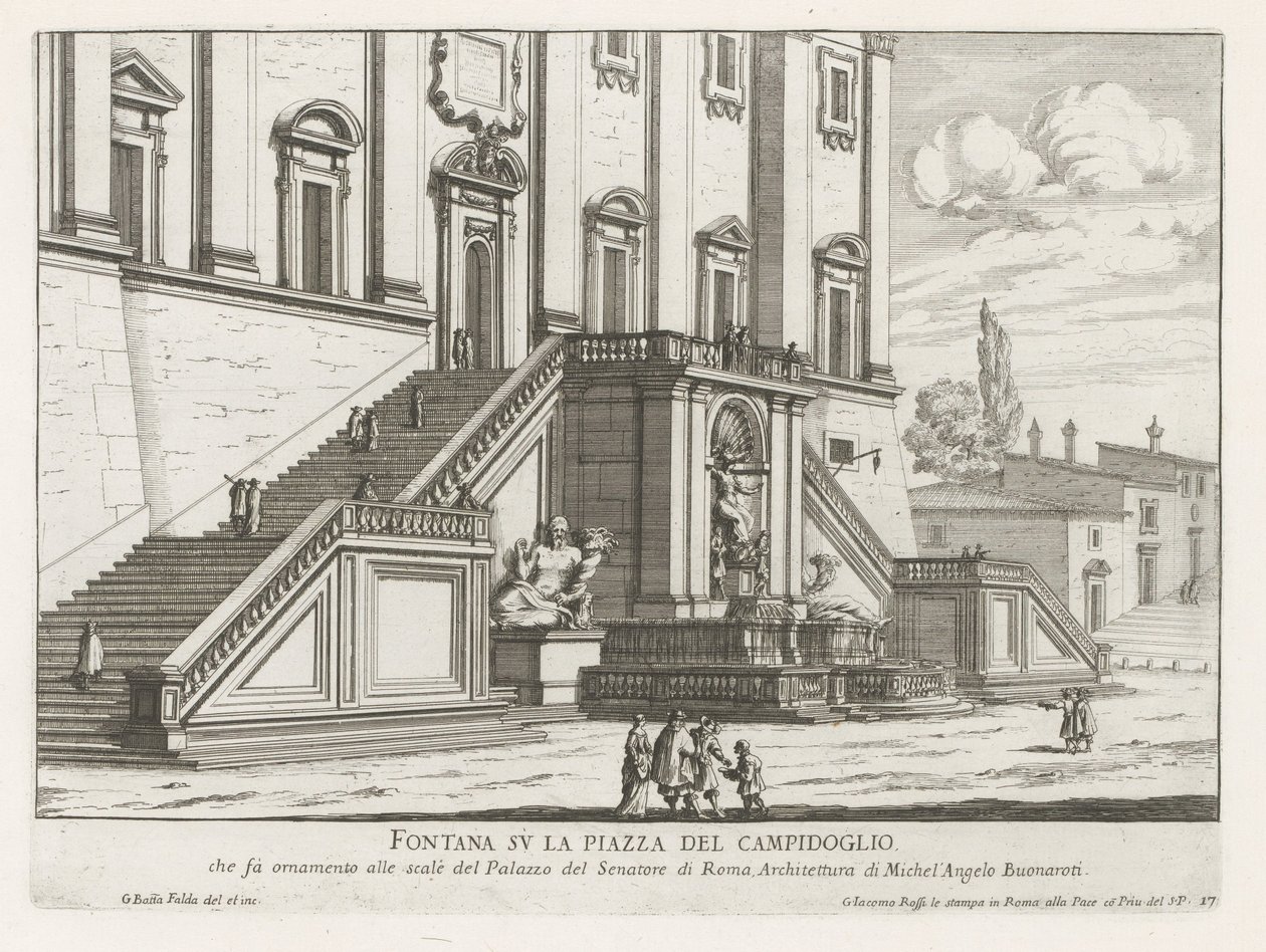Suihkulähde Palazzo Senatorion edessä Capitolissa Roomassa Fontana su la Piazza del Campidoglio (otsikko esineessä) Fontane di Roma (sarjan nimi) Fountains of Rome (sarjan nimi) tekijältä Giovanni Battista Falda