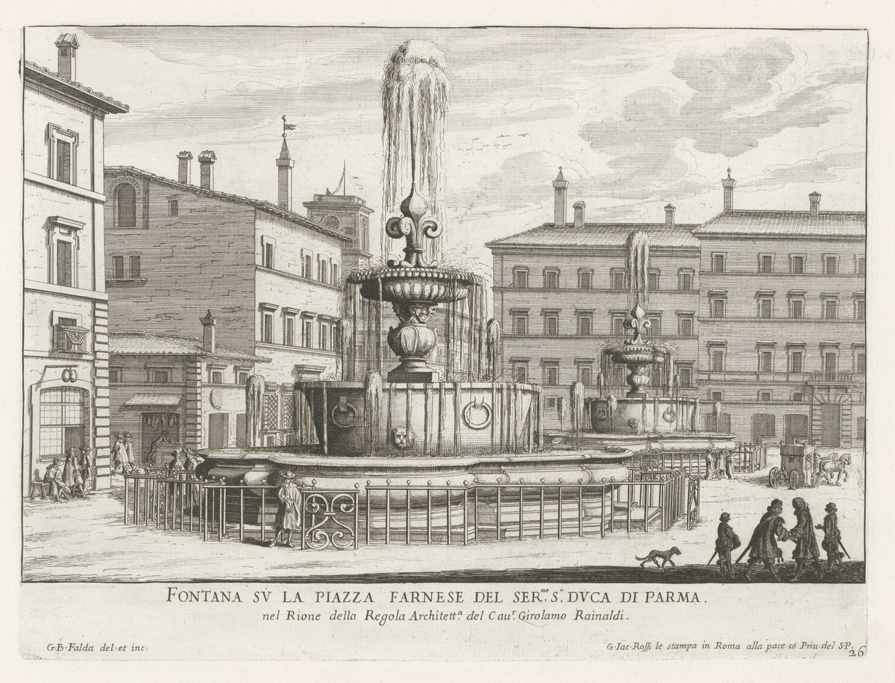 Fonteinen op Piazza Farnese te Rome Fontana su la Piazza Farnese del ser.mo s.r Duca di Parma (title on object) Fontane di Roma (series title) Fonteinen van Rome (series title) tekijältä Giovanni Battista Falda