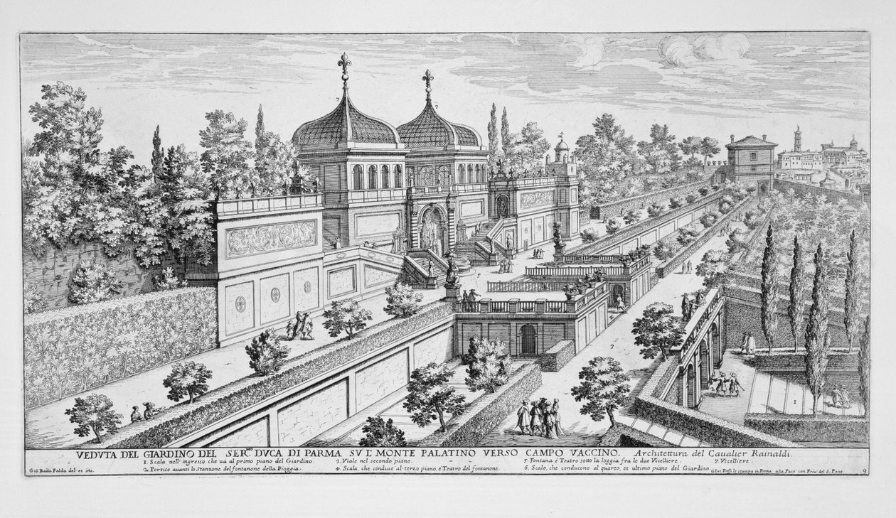 Parman herttuan puutarha Palatine-kukkulalla, näkymä kohti Campo Vaccinoa, Rooma, "Il Nuovo Teatro della Fabriche et Buildings in Perspective of Modern Rome", julkaistu n. 1665-1669 tekijältä Giovanni Battista Falda