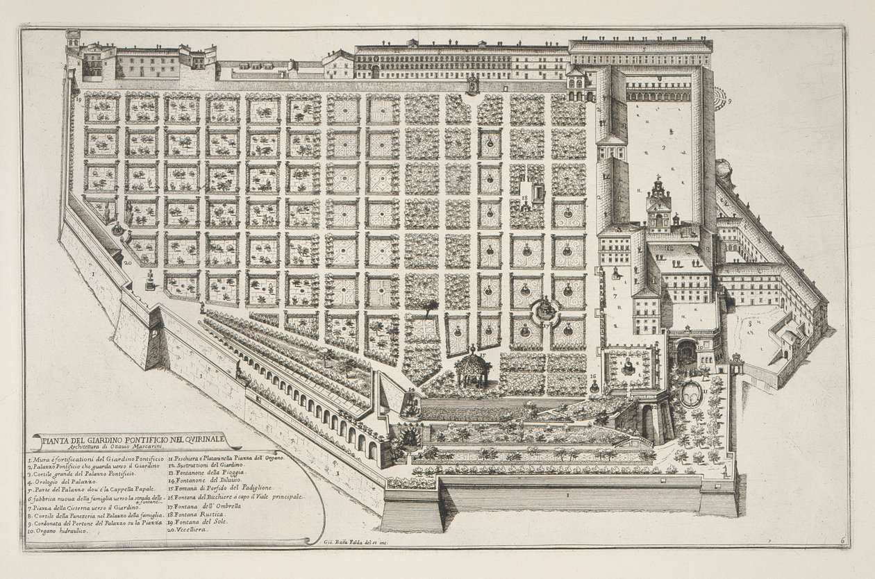 Paavin puutarha ja Quirinalen palatsi, Il Nuovo Teatro della Fabriche et Buildings in Perspective of Modern Rome, julkaistu n. 1665-69 (katso myös 172928) tekijältä Giovanni Battista Falda
