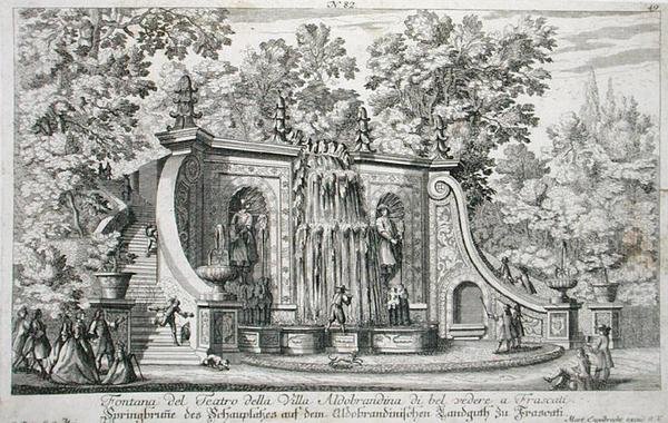 Teatterin suihkulähde Villa Aldobrandinassa, Frascati, n. 1675, Le Fontanesta, julkaistu ennen vuotta 1687 (kaiverrus) tekijältä Giovanni Battista Falda