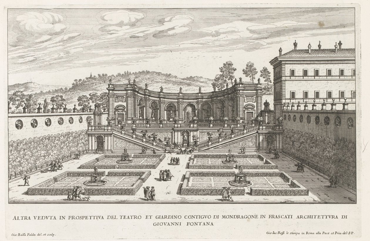 Tuinen van de Villa Mondragone te Frascati Toinen perspektiivinäkymä teatterista ja sen vieressä olevasta puutarhasta (...) (otsikko esineessä) Frascati-huviloiden suihkulähteet (sarjan nimi) Fonteinen van Frascati (sarjan nimi) tekijältä Giovanni Battista Falda