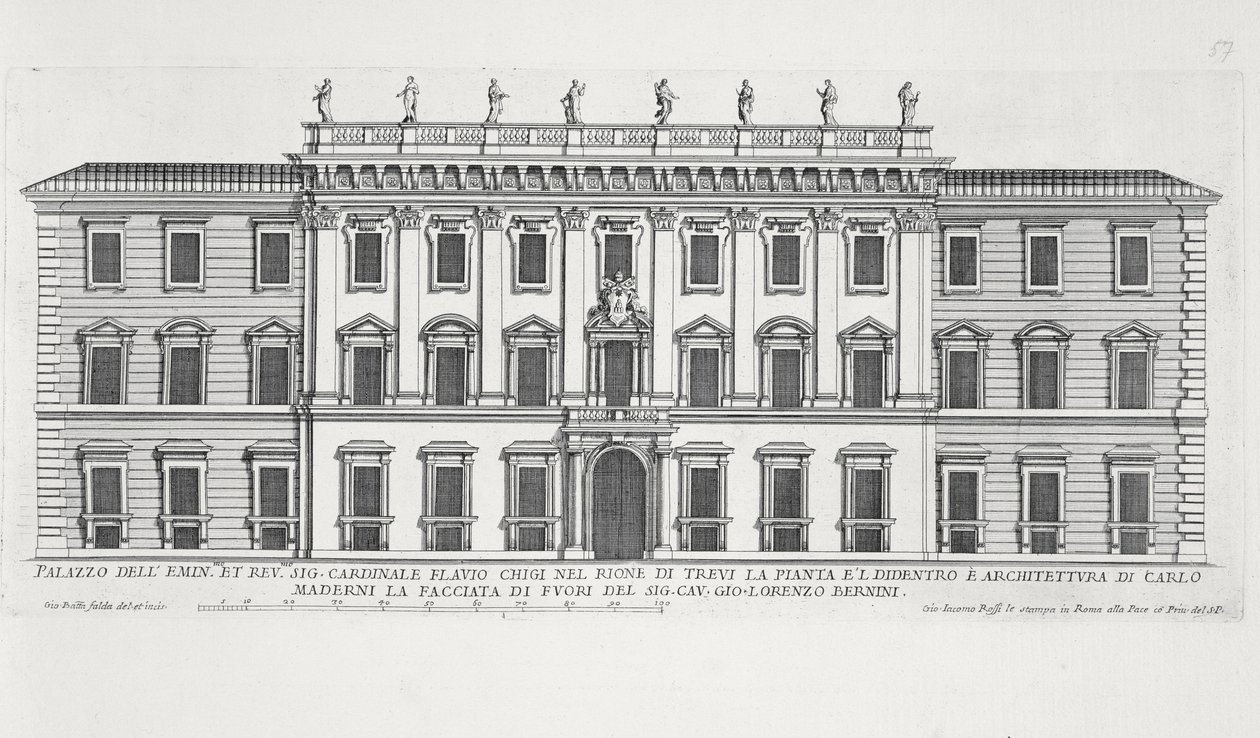 Näkymä Rooman Palazzo Chigin julkisivusta, jonka suunnittelivat Matteo di Castello, Carlo Maderno (1556-1629) ja Giovanni Bernini (1598-1680) tekijältä Giovanni Battista Falda