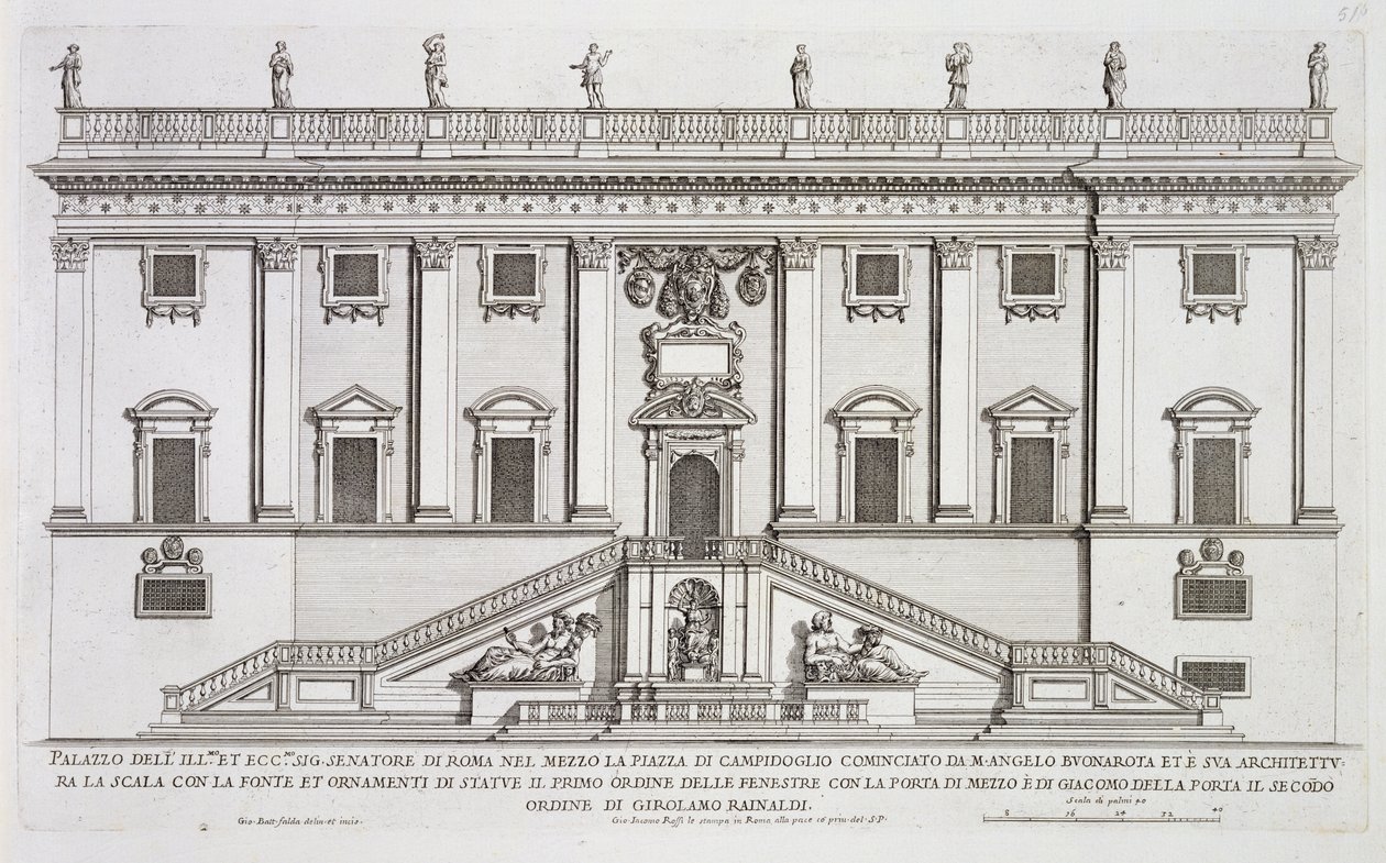 Näkymä Palazzo Senatorion julkisivusta Piazza del Campidogliossa, Roomassa, jonka aloitti Michelangelo Buonarroti (1475-1564) ja viimeisteli Girolamo Rainaldi (1570-1655) tekijältä Giovanni Battista Falda