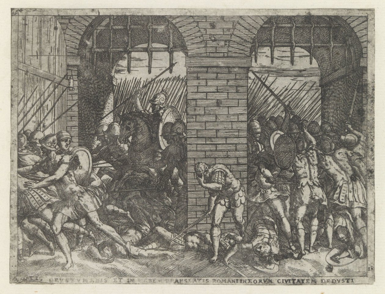 Romeinse soldaten vallen Crustumerium binnen Crustumenin uhri (...) riistetty hänen kansalaisuutensa (nimike esineessä) Leven van Romulus en Remus (sarjan nimi) tekijältä Giovanni Battista Fontana