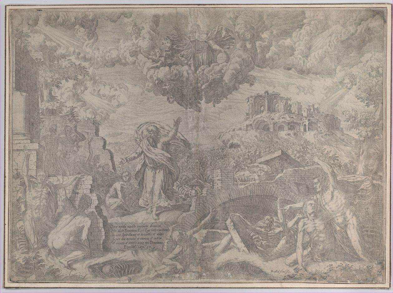 Näky Hesekielistä, jossa kuolleet nousevat ylös ja pukeutuivat lihaansa, Isä Jumala abo..., 1579. tekijältä Giovanni Battista Fontana