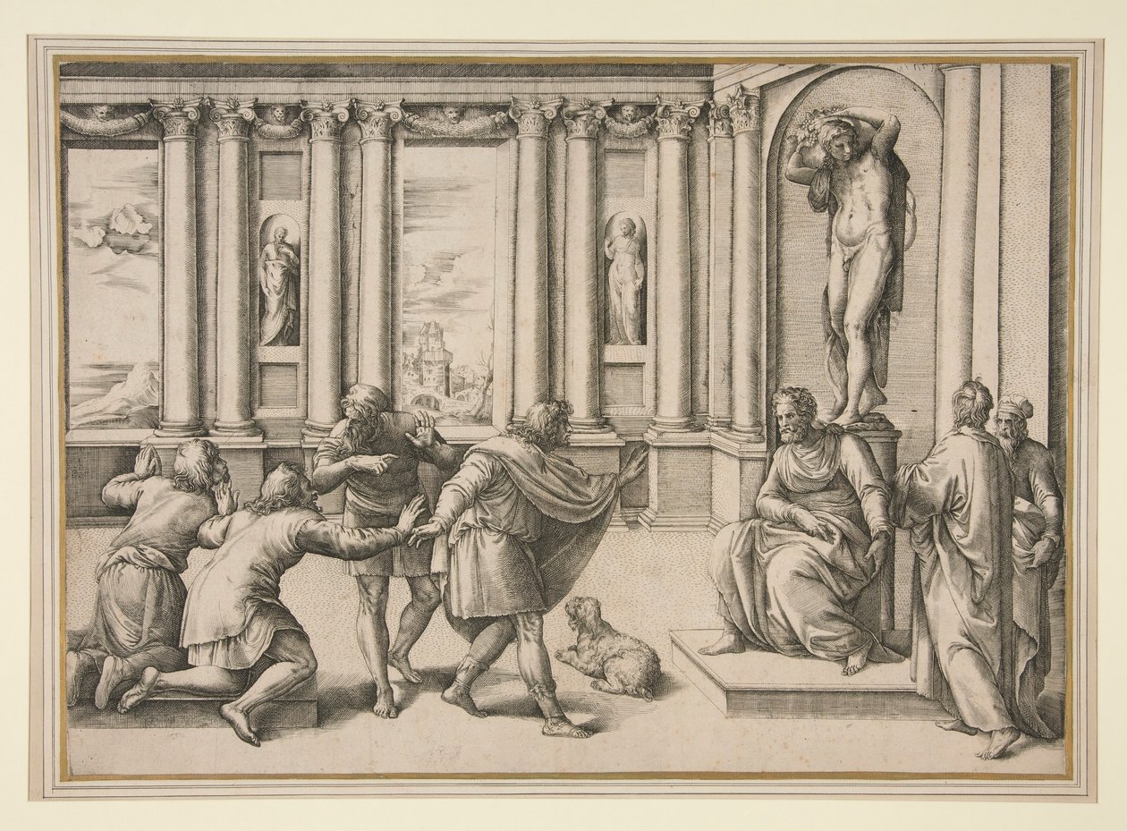 Mies istuu Bacchus-patsaan alla vastaanottamassa yleisöä tekijältä Giovanni Battista Franco (called Il Semolei)