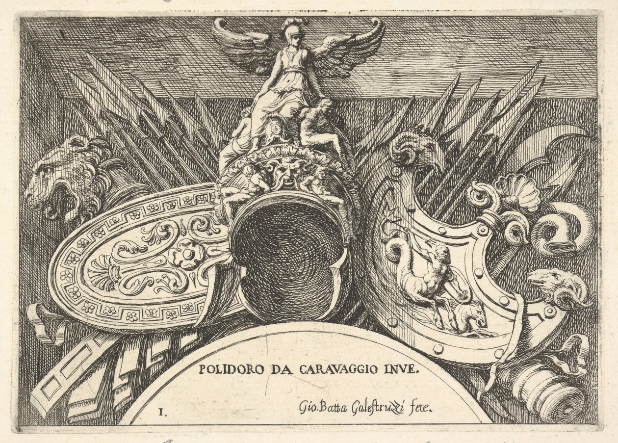 Levy 1: Roomalaisten aseiden pokaalit toisen kerroksen ikkunoiden yläpuolella olevista koristeista..., 1656-58. tekijältä Giovanni Battista Galestruzzi