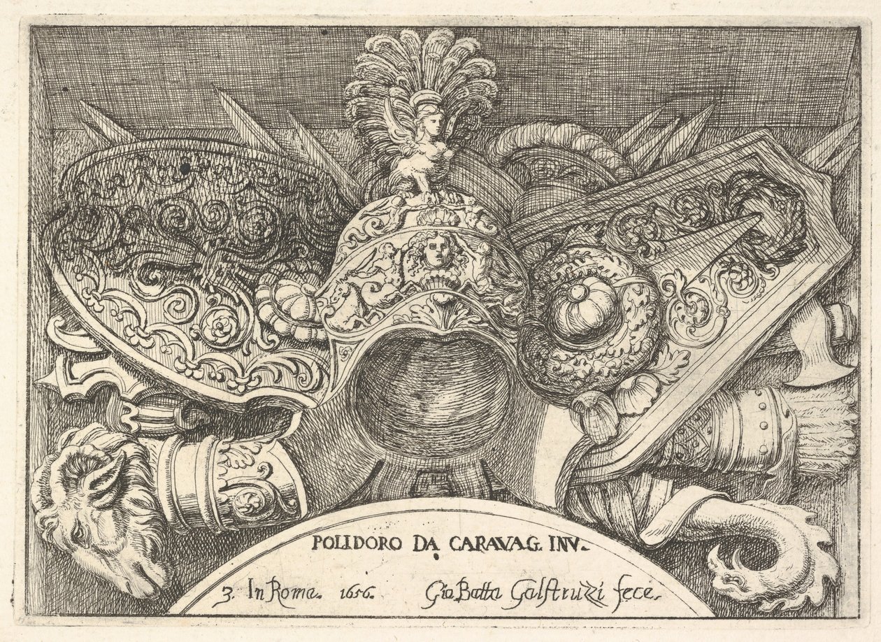 Levy 3: Roomalaisten käsivarsien pokaalit koristeista ikkunoiden yläpuolella ..., 1656 toisessa kerroksessa. tekijältä Giovanni Battista Galestruzzi