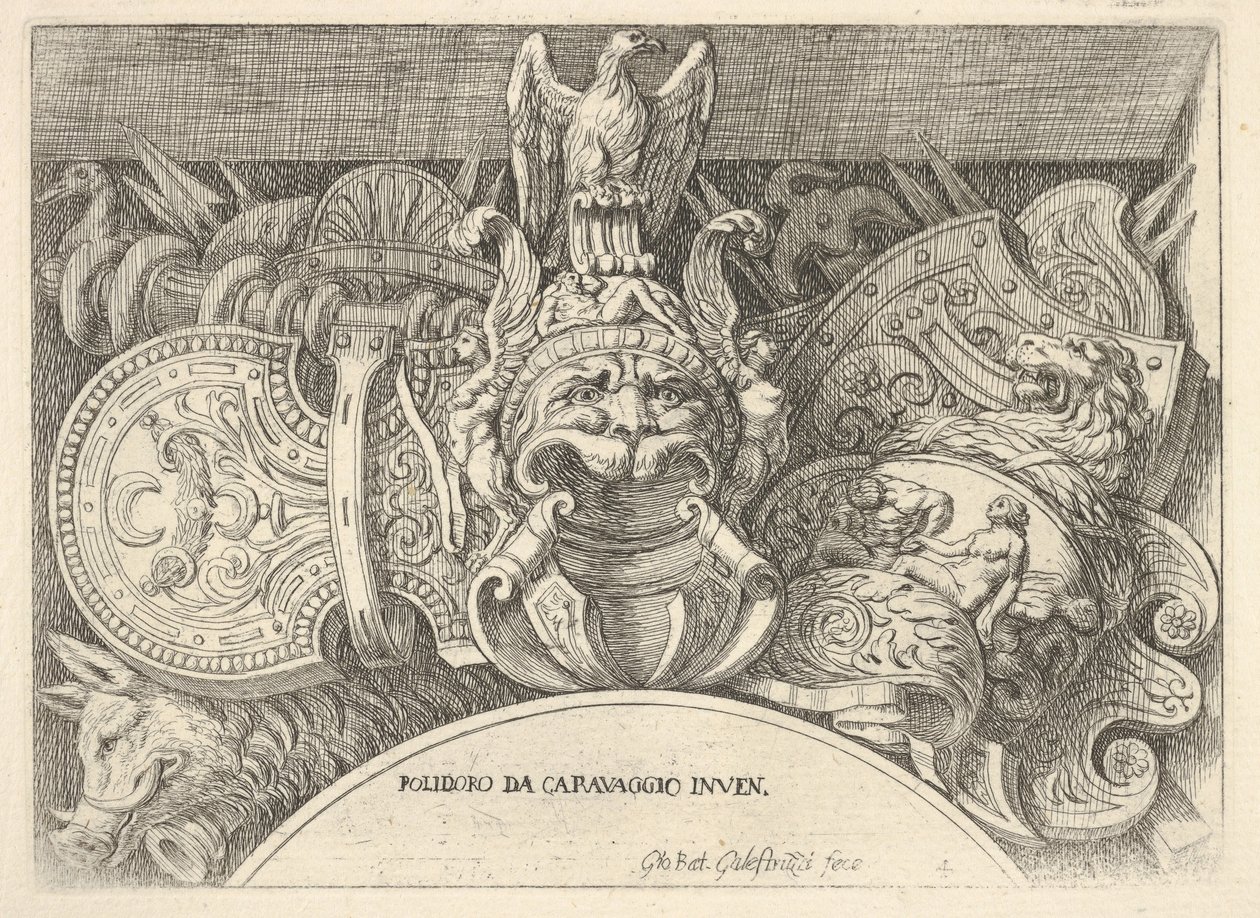 Levy 4: Roomalaisten käsivarsien pokaalit koristeista toisen kerroksen ikkunoiden yläpuolella ..., 1656-58. tekijältä Giovanni Battista Galestruzzi