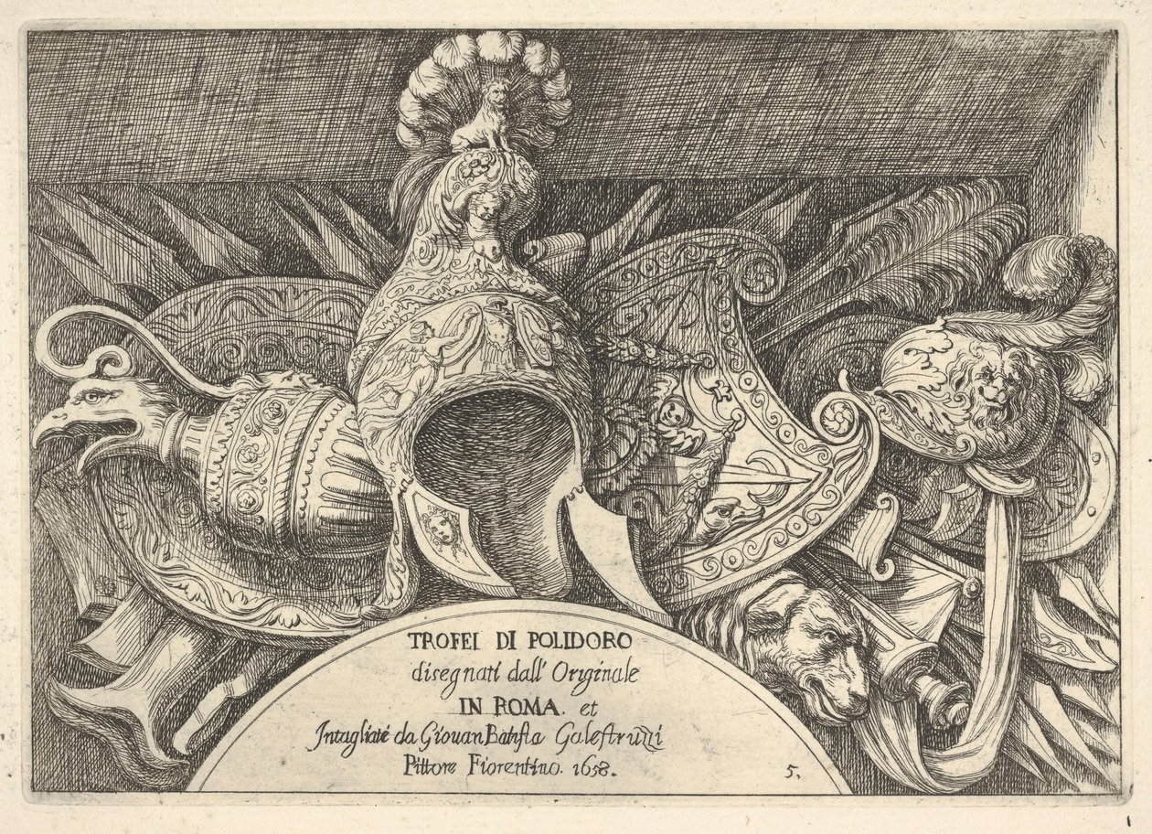 Levy 5: Roomalaisten aseiden pokaalit koristeista ikkunoiden yläpuolella ..., 1658. tekijältä Giovanni Battista Galestruzzi