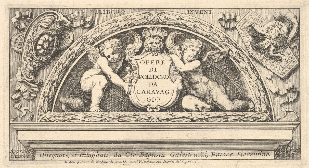 Poloidoron jälkeisten printtien nimikilpi, nimikilvessä, jota tukee kaksi puttia, 1658. tekijältä Giovanni Battista Galestruzzi