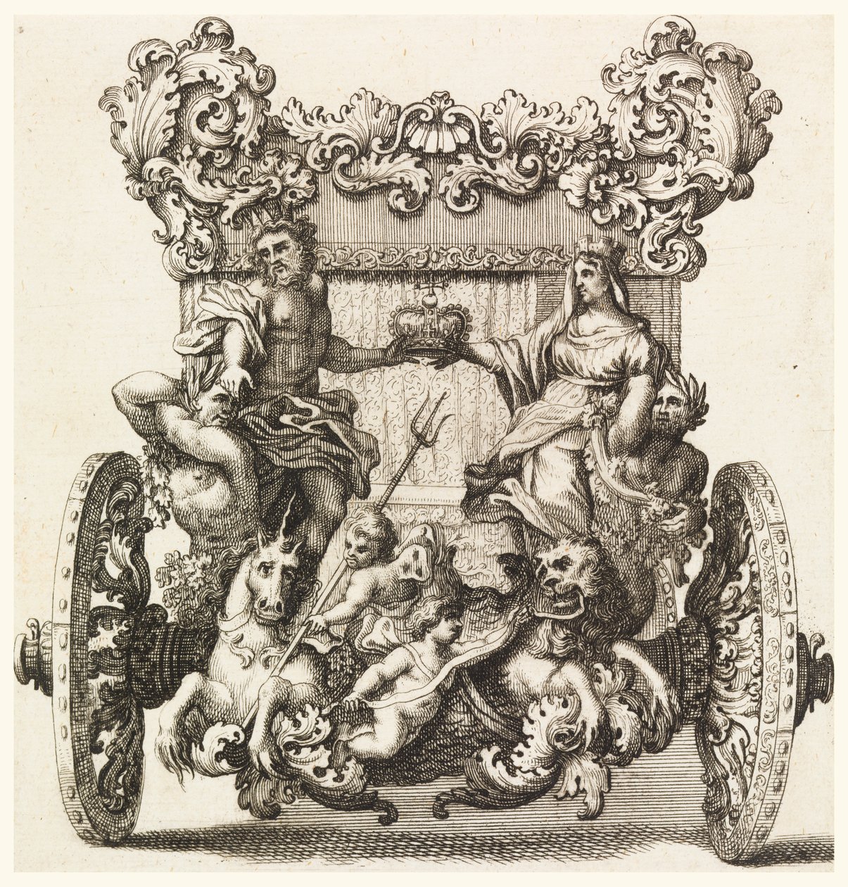 Takanäkymä Lord Catelmainen ensimmäisestä vaunusta, jonka Andrea Cornely rakensi vuonna 1686 Ciro Ferrin (1634-1689) jälkeen tekijältä Giovanni Battista Lenardi