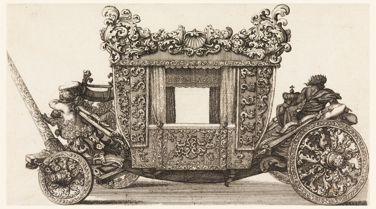 Sivukuva Lord Castelmainen ensimmäisestä vaunusta (1686), jonka Andrea Cornely rakensi vuonna 1686 Ciro Ferrin jälkeen, 1687-1700 tekijältä Giovanni Battista Lenardi