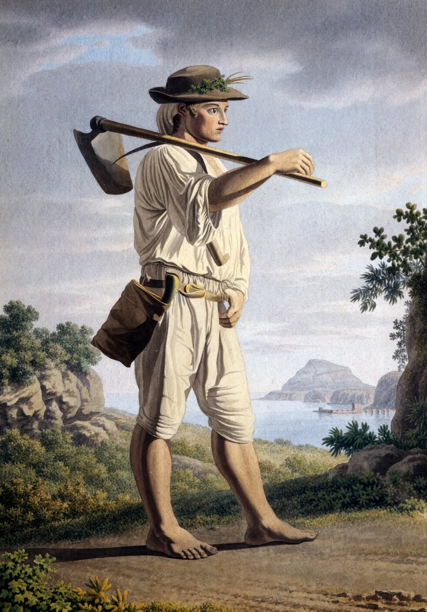 Maanviljelijä Campi Flegrein taustalla, kirjoittanut Giovan Battista Lusieri (n. 1755-1821), akvarelli paperille, 32x23 cm, Italia tekijältä Giovanni Battista Lusieri