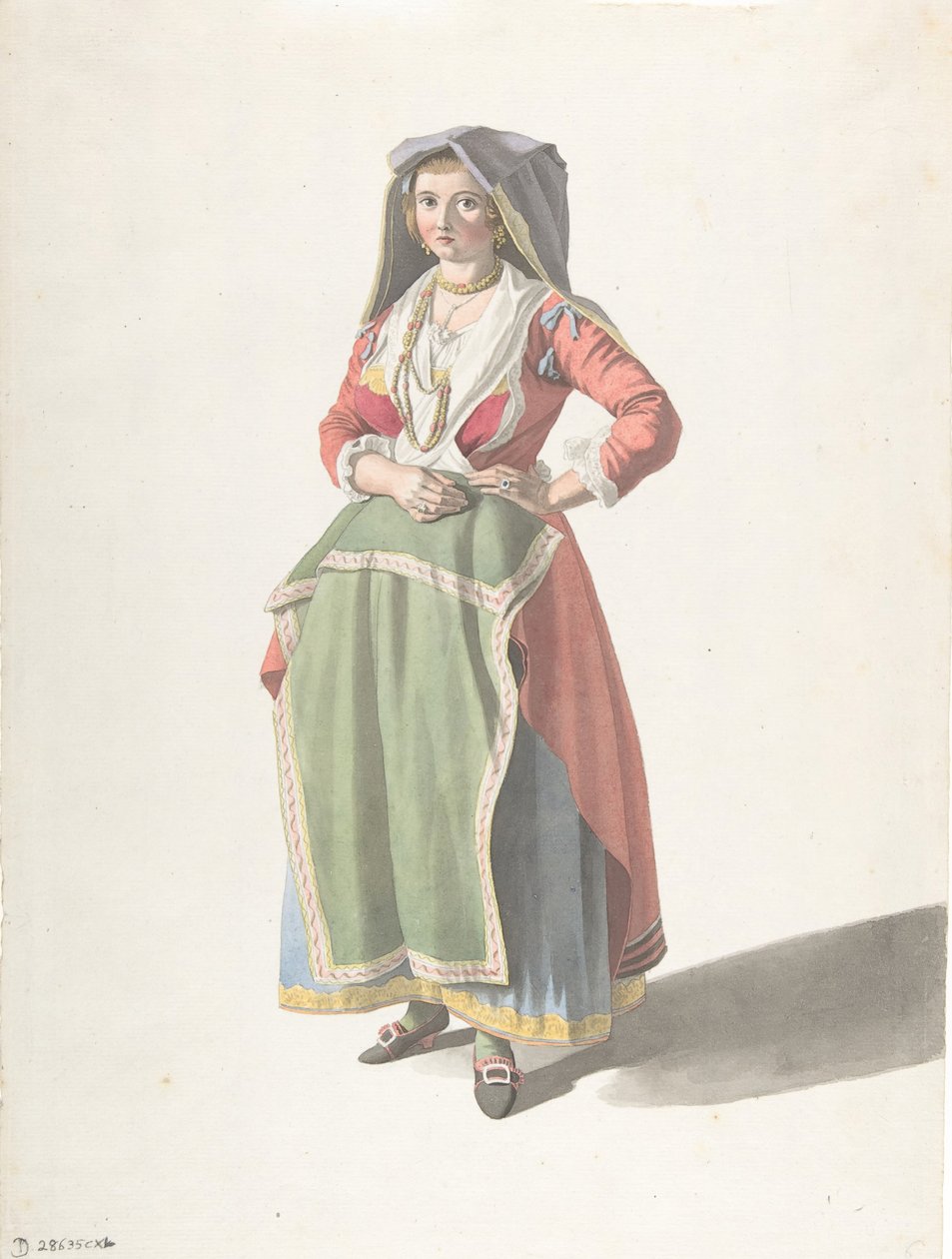 Nuori nainen seisomassa perinteisessä napolilaisessa mekossa, n. 1775-1821. tekijältä Giovanni Battista Lusieri
