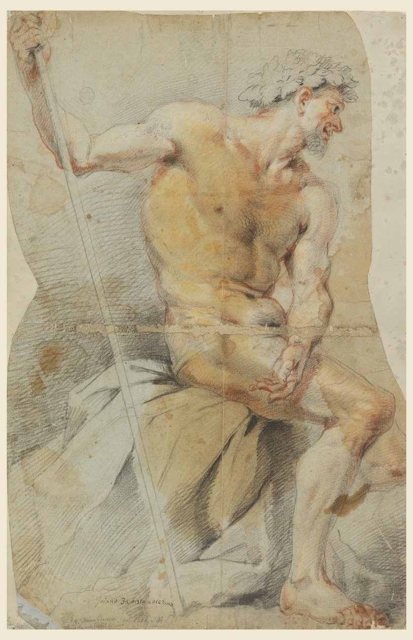 Piirros, alastoman vanhan miehen, Bacchuksen tai jonkun hänen seuralaisensa, 1660-70 tekijältä Giovanni Battista Merano