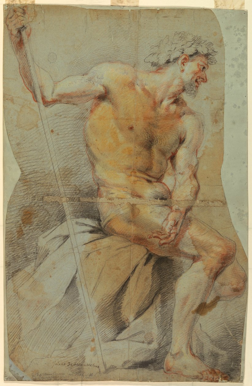 Piirros, alastoman vanhan miehen, Bacchuksen tai jonkun hänen seuralaisensa, 1660-70 tekijältä Giovanni Battista Merano