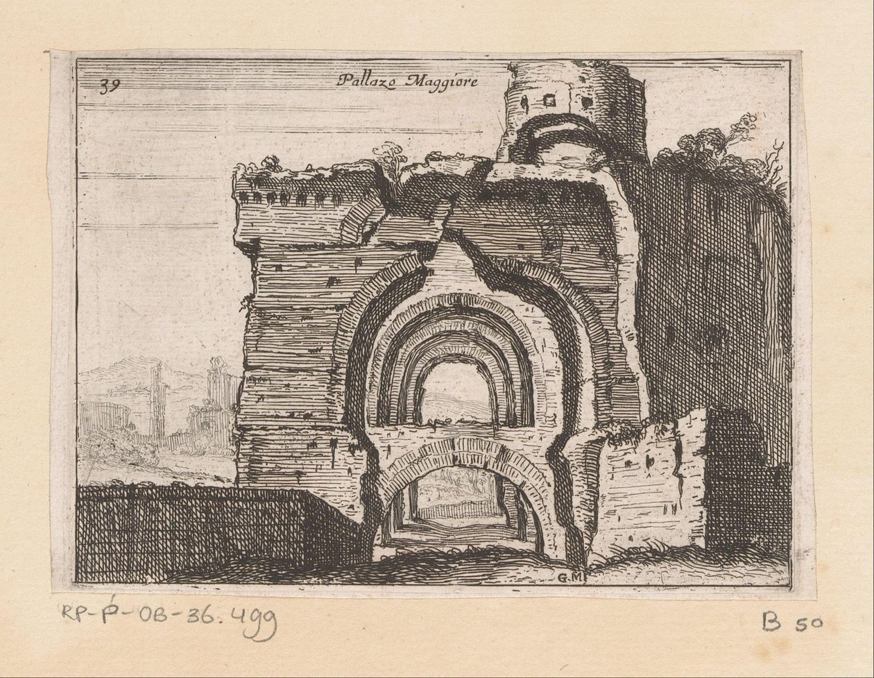 Palazzo Maggiore Pallazo Maggiore (otsikko esineessä) Gezichten op Rome (sarjan nimi) Muutamia näkymiä Rooman asumattomista paikoista (sarjan nimi) tekijältä Giovanni Battista Mercati